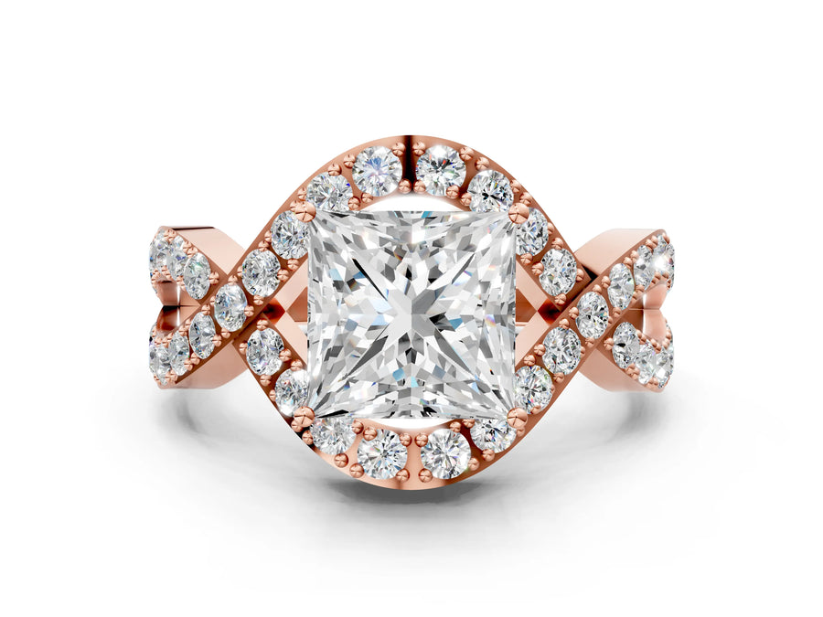 Rose gold Princess Solitaire Twist Band Pavé Diamond Engagement Ring