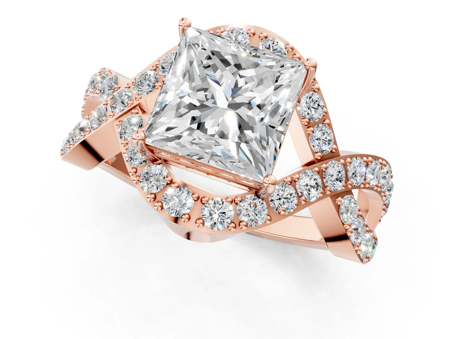 Rose gold Princess Solitaire Twist Band Pavé Diamond Engagement Ring