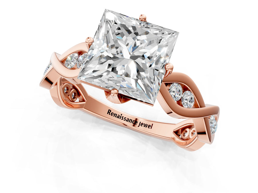 Rose gold Princess Solitaire Twist Band with Leaf Prong Setting