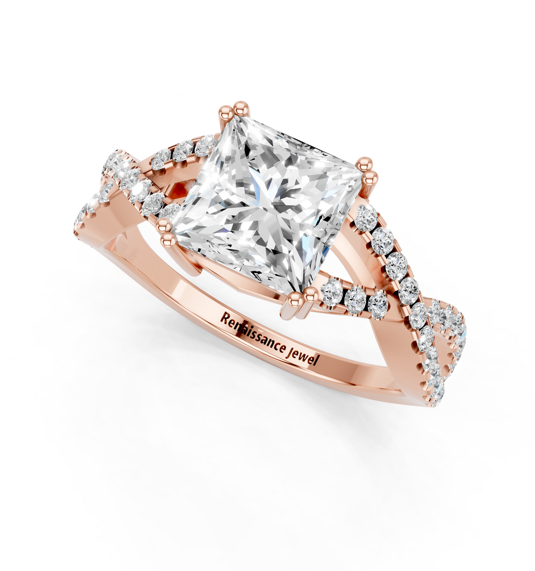 10K Rose Gold 1.01 Carat E VVS2 Princess Solitaire Twist Band with Pavé Setting and Four-Prong Setting