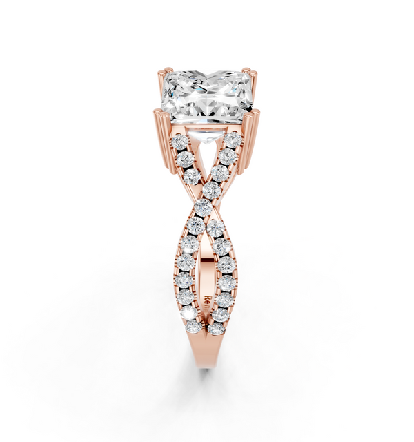10K Rose Gold 1.01 Carat E VVS2 Princess Solitaire Twist Band with Pavé Setting and Four-Prong Setting
