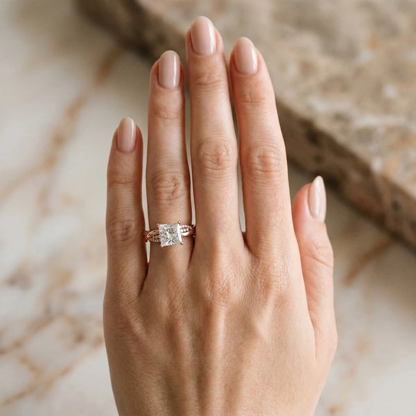 Rose gold Princess Solitaire Twist Band with Pave Prong Setting