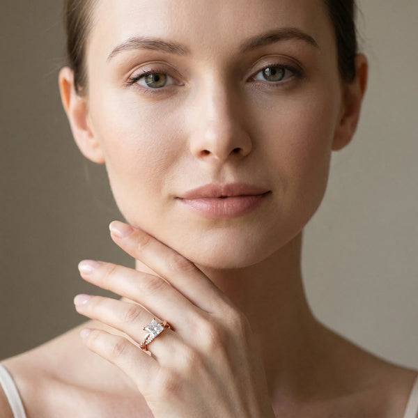Rose gold Princess Solitaire Twist Band with Pave Prong Setting