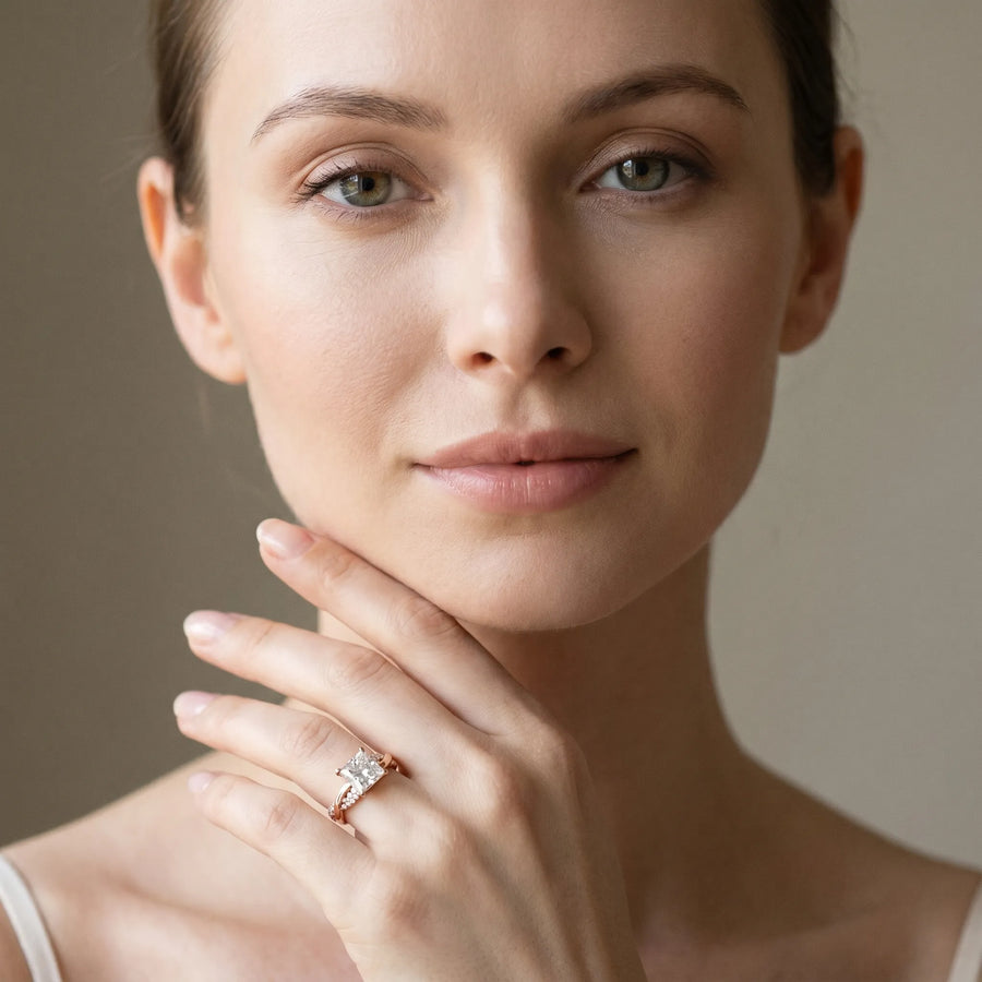 Rose gold Princess Solitaire Twist Band with Pave Prong Setting