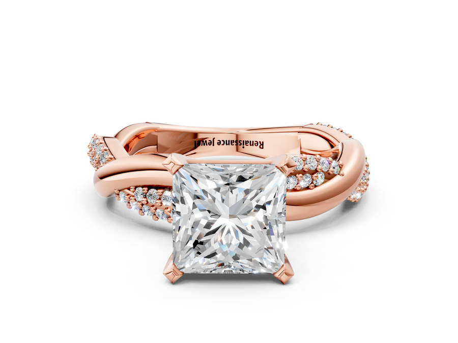 Rose gold Princess Solitaire Twist Band with Pave Prong Setting