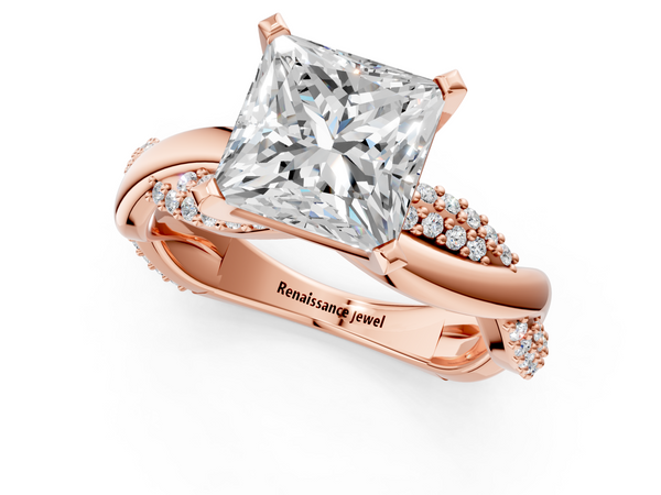 Rose gold Princess Solitaire Twist Band with Pave Prong Setting