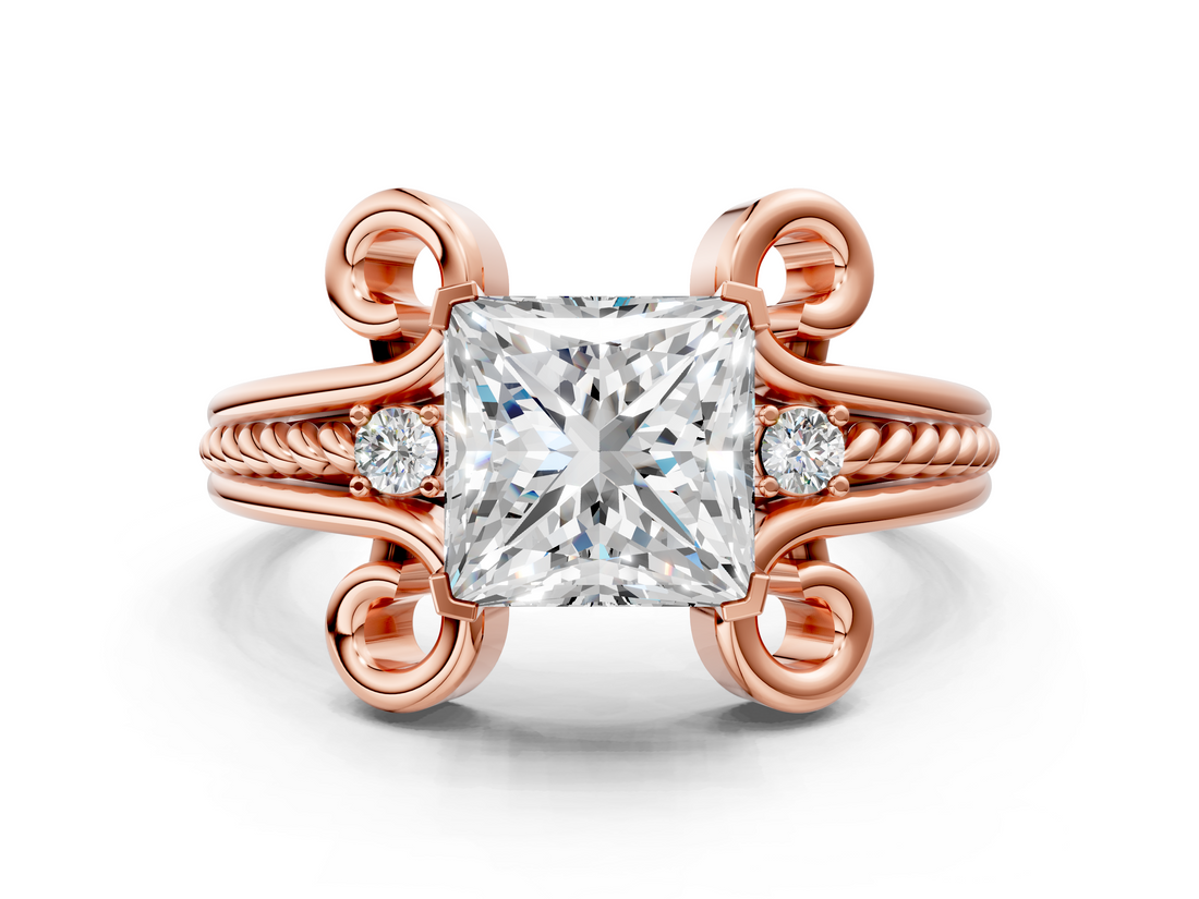 Rose gold Princess Solitaire Twisted Band Scroll Prong Ring_3