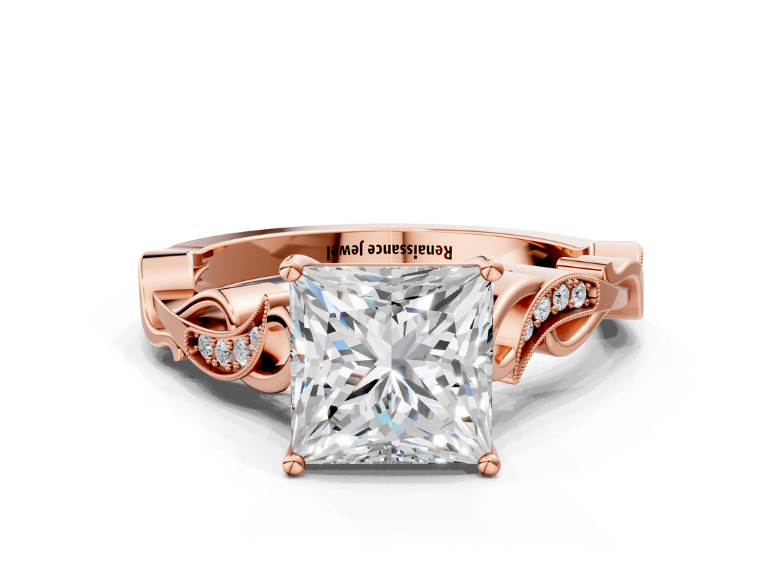 Rose gold Princess Solitaire Vine Band with Milgrain Prong Setting_6