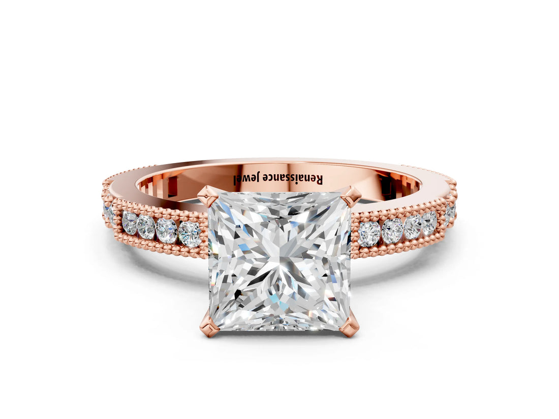 Rose gold Princess Solitaire with Pavé Band and Four-Prong Setting_323