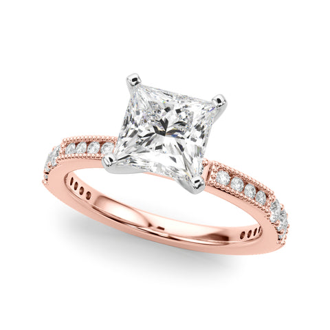 Rose gold Princess Solitaire with Pavé Band and Four-Prong Setting