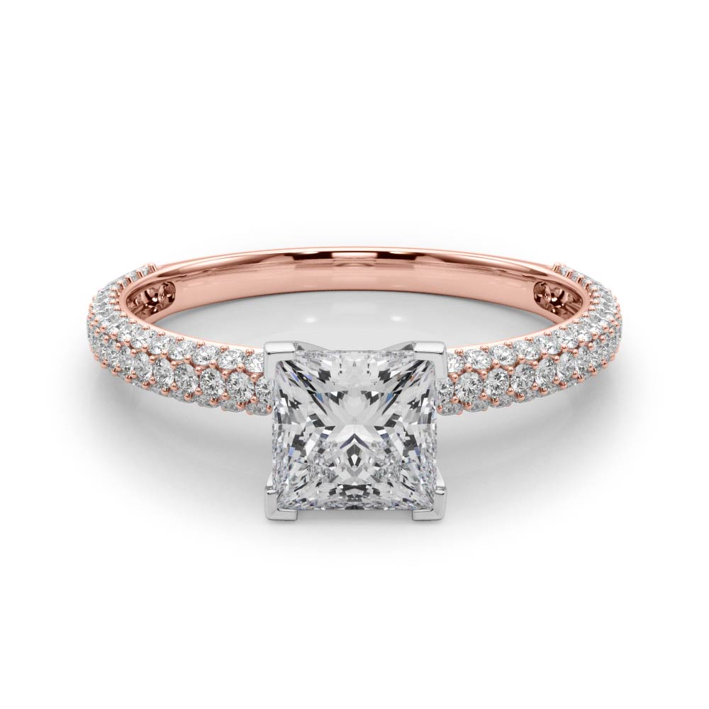 Rose gold Princess Solitaire with Pave Band and Four-Prong Setting 1