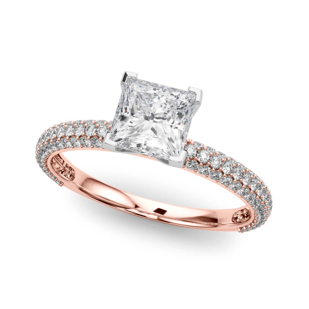 Rose gold Princess Solitaire with Pave Band and Four-Prong Setting