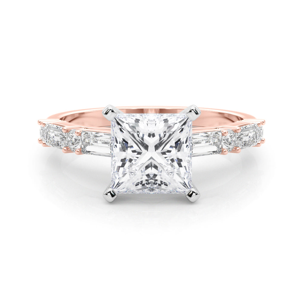 Rose gold Princess Solitaire with Side Baguettes and Channel Set Band 1