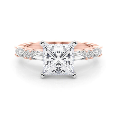 Rose gold Princess Solitaire with Side Baguettes and Channel Set Band 1