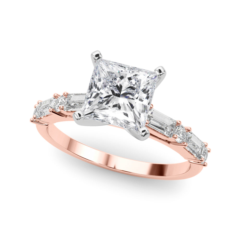 Rose gold Princess Solitaire with Side Baguettes and Channel Set Band