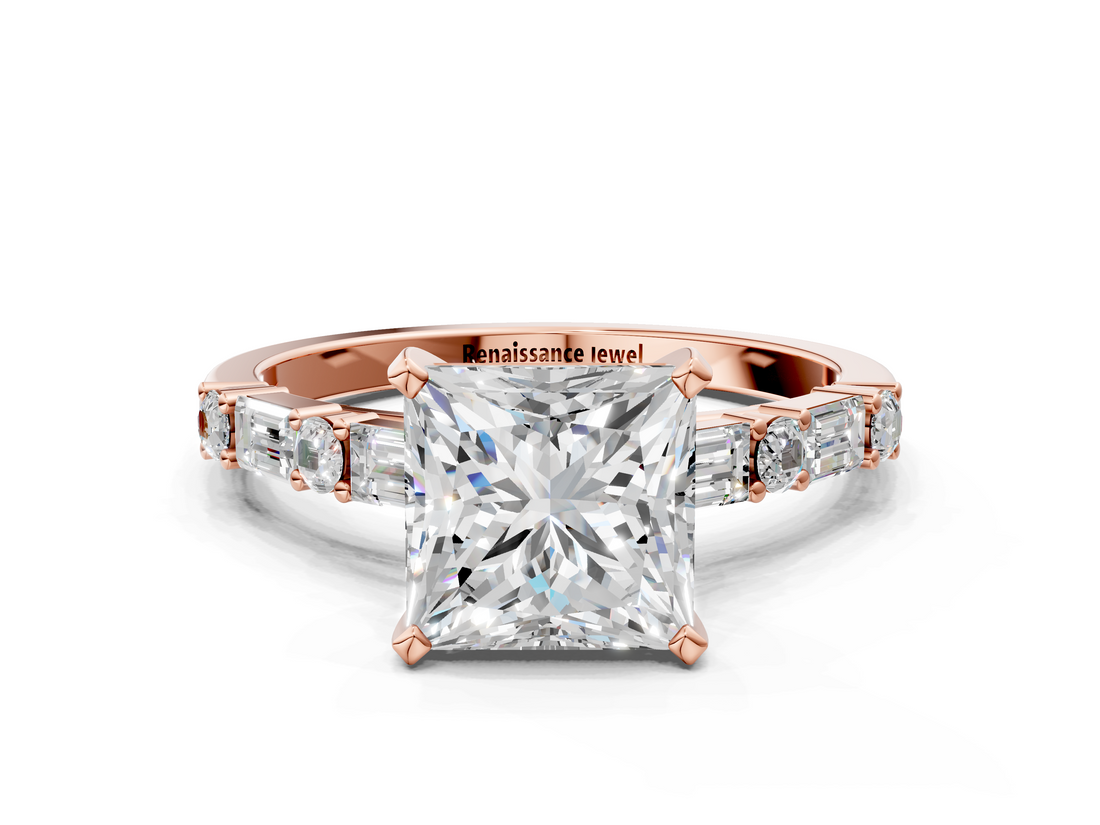 Rose gold Princess Solitaire with Side Baguettes and Channel Set Band_61