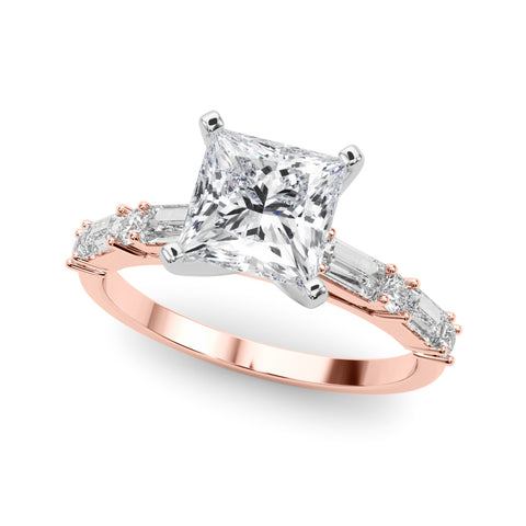Rose gold Princess Solitaire with Side Baguettes and Channel Set Band