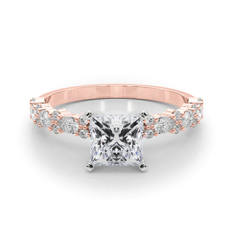 Rose gold Princess Solitaire with Side Stones, Pave Band, Four-Prong Setting 1