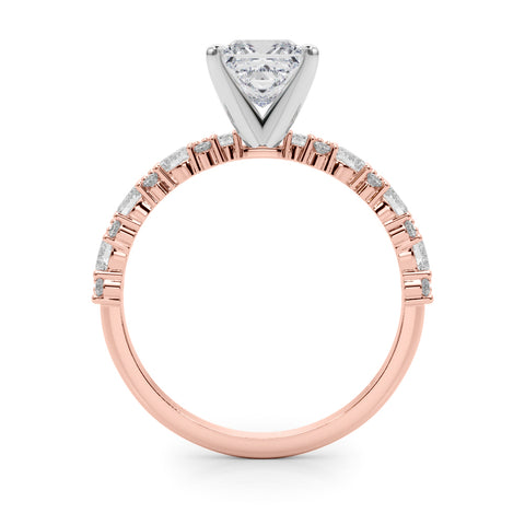Rose gold Princess Solitaire with Side Stones, Pave Band, Four-Prong Setting 2