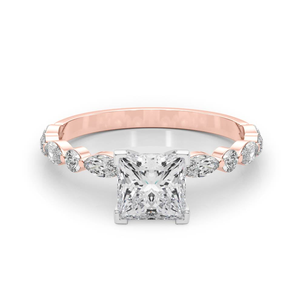 Rose gold Princess Solitaire with Side Stones on a Pavé Band and Four-Prong Setting 1