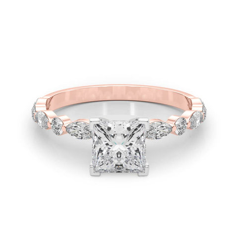 Rose gold Princess Solitaire with Side Stones on a Pavé Band and Four-Prong Setting 1