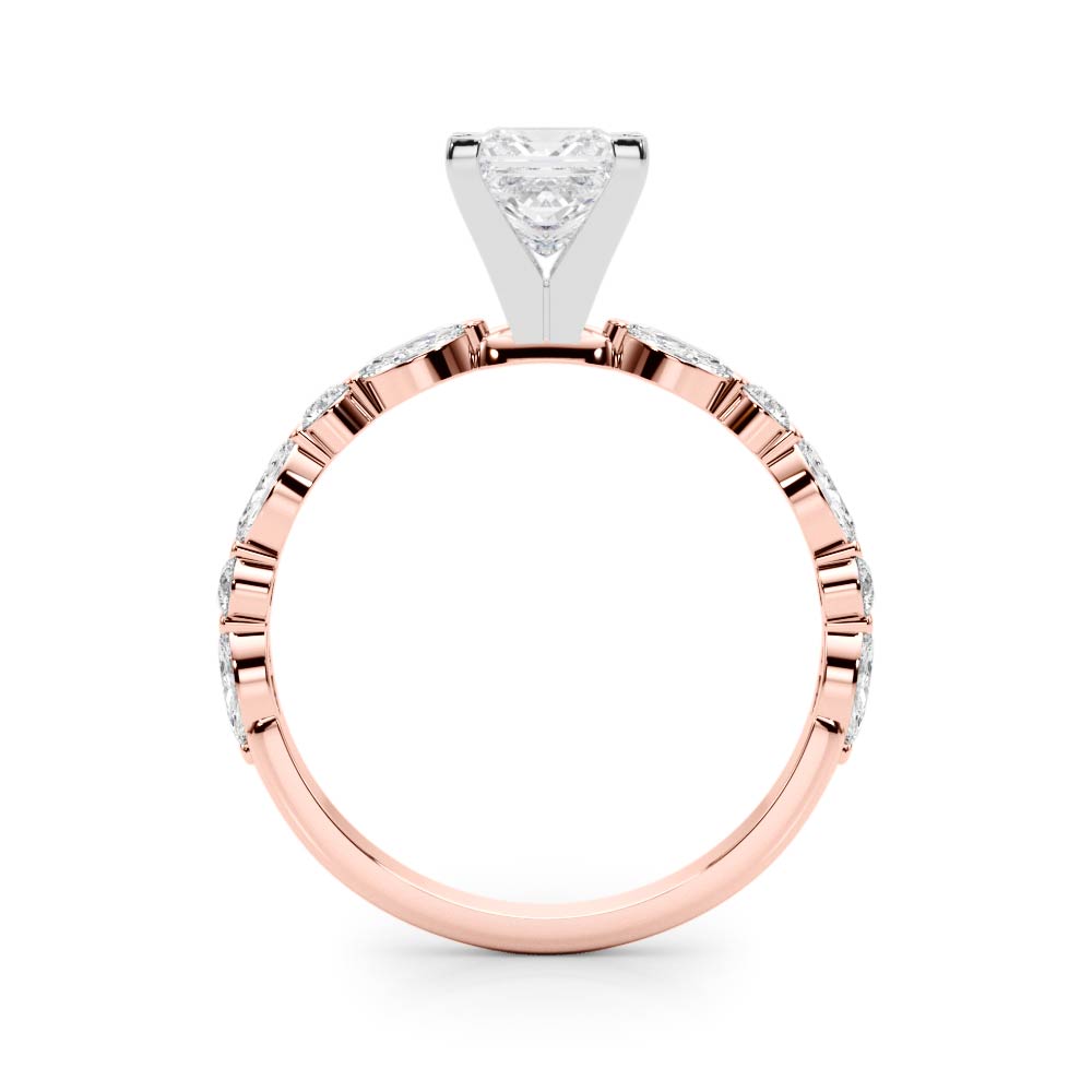 Rose gold Princess Solitaire with Side Stones on a Pavé Band and Four-Prong Setting 2