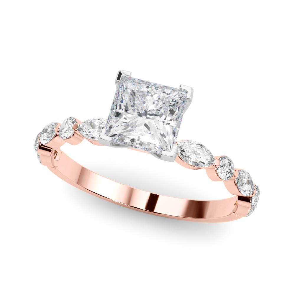 Rose gold Princess Solitaire with Side Stones on a Pavé Band and Four-Prong Setting