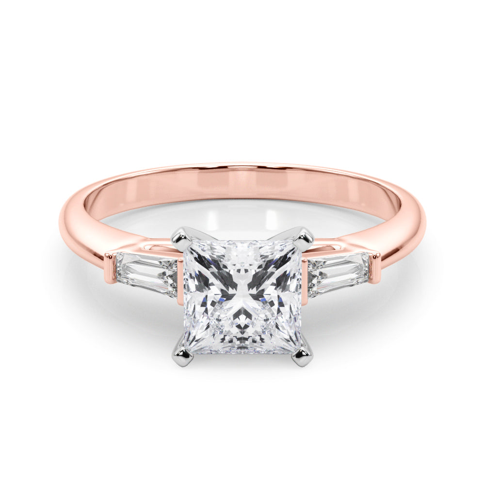 Rose gold Princess Solitaire with Tapered Baguette Side Stones on a Classic Band with Four-Prong Setting 1