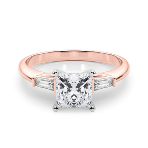 Rose gold Princess Solitaire with Tapered Baguette Side Stones on a Classic Band with Four-Prong Setting 1