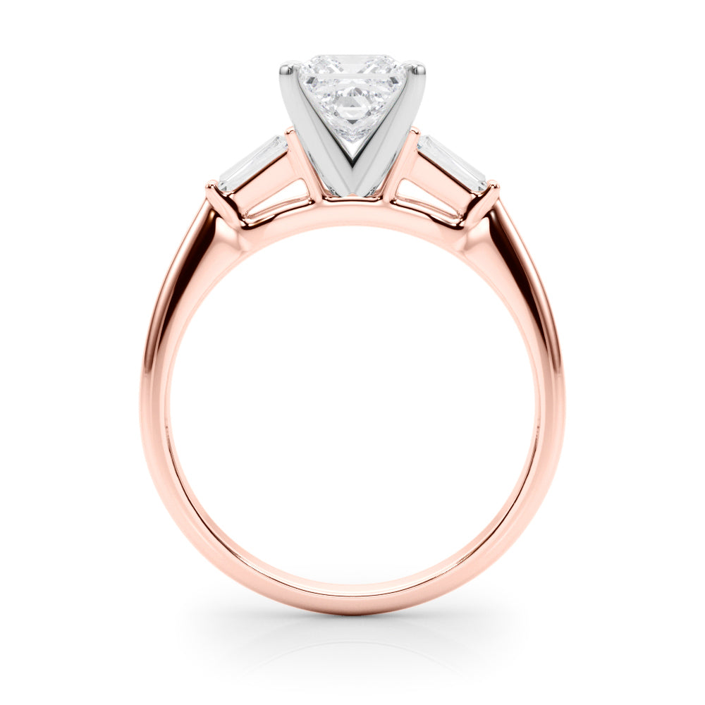 Rose gold Princess Solitaire with Tapered Baguette Side Stones on a Classic Band with Four-Prong Setting 2