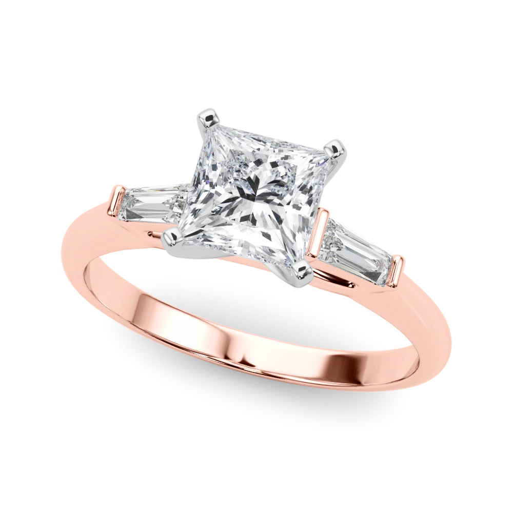 Rose gold Princess Solitaire with Tapered Baguette Side Stones on a Classic Band with Four-Prong Setting