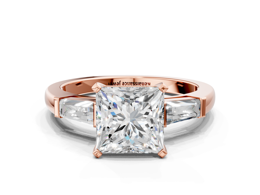 Rose gold Princess Solitaire with Tapered Baguette Side Stones on a Classic Band with Four-Prong Setting_114
