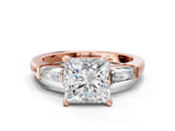 Rose gold Princess Solitaire with Tapered Baguette Side Stones on a Classic Band with Four-Prong Setting_114