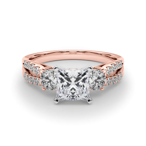Rose gold Princess Three-Stone Diamond Ring with Pavé Split Shank and Four-Prong Setting 1