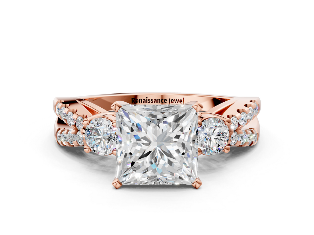 Rose gold Princess Three-Stone Diamond Ring with Pavé Split Shank and Four-Prong Setting_54