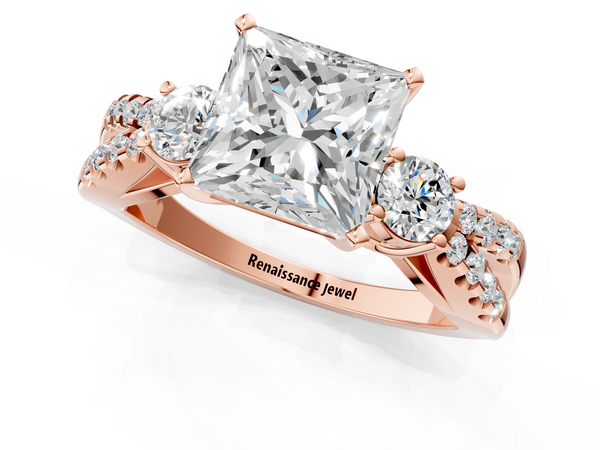 Rose Gold Princess Cut Three Stone Engagement Ring Setting with Pave Split Shank