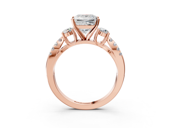 Rose Gold Princess Cut Three Stone Engagement Ring Setting with Pave Split Shank
