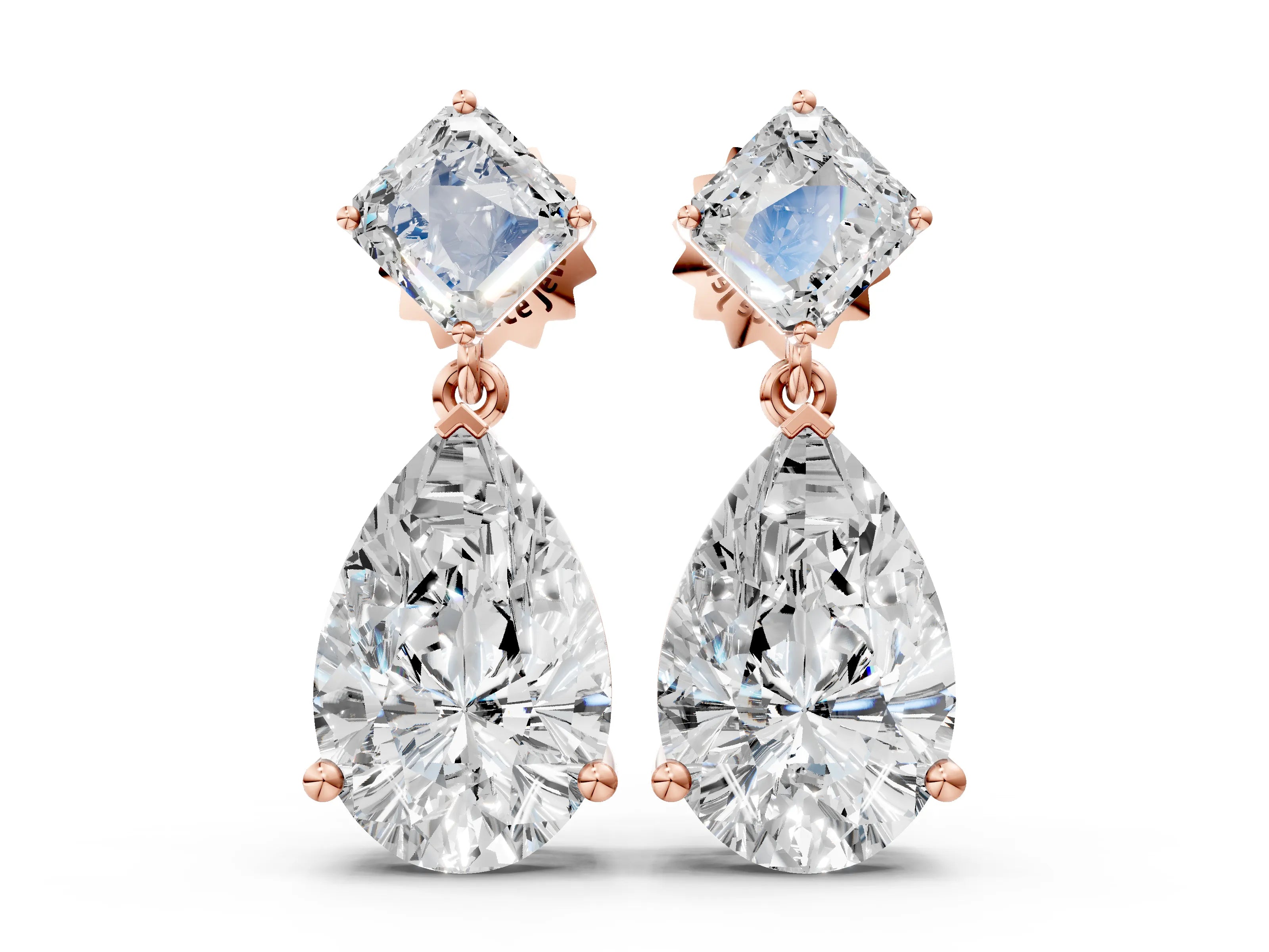 Rose gold Princess and Pear Diamond Drop Earrings