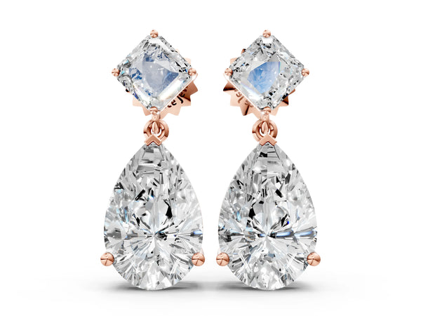 Rose gold Princess and Pear Diamond Drop Earrings