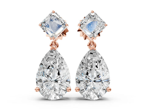 Rose gold Princess and Pear Diamond Drop Earrings