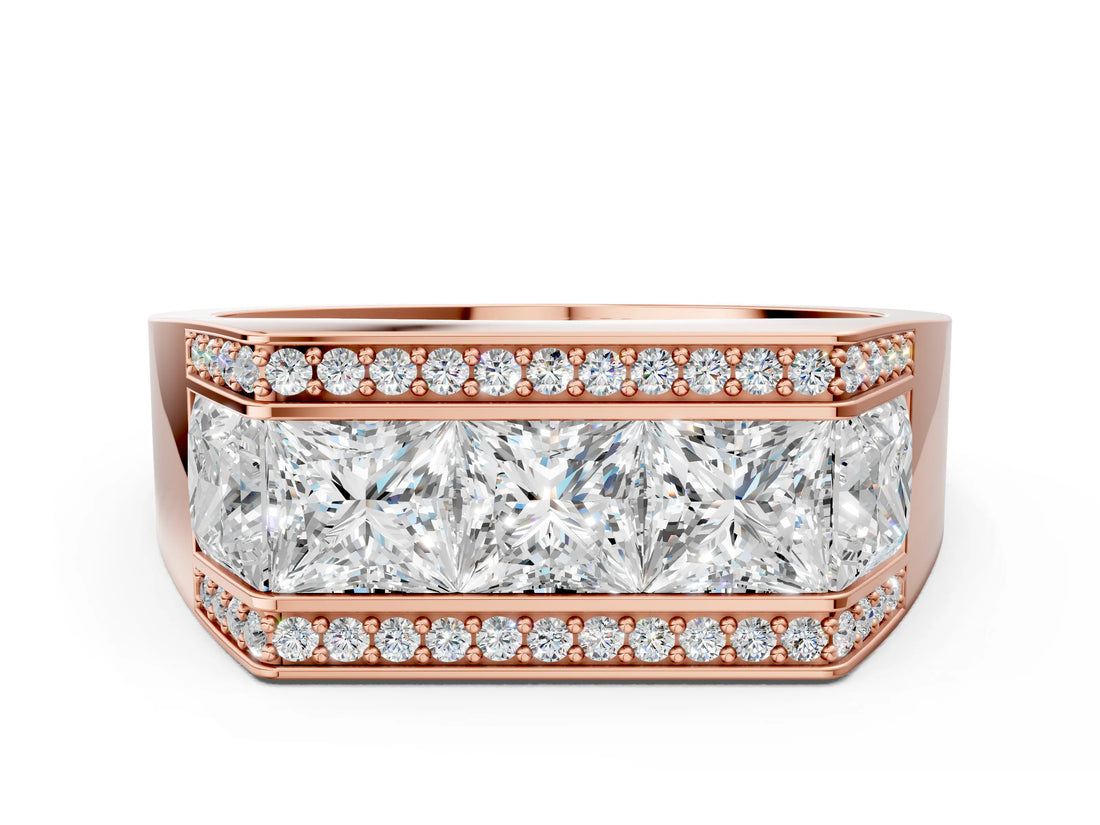 Rose gold Princess and Round Diamond Channel Pavé Mens Band_12