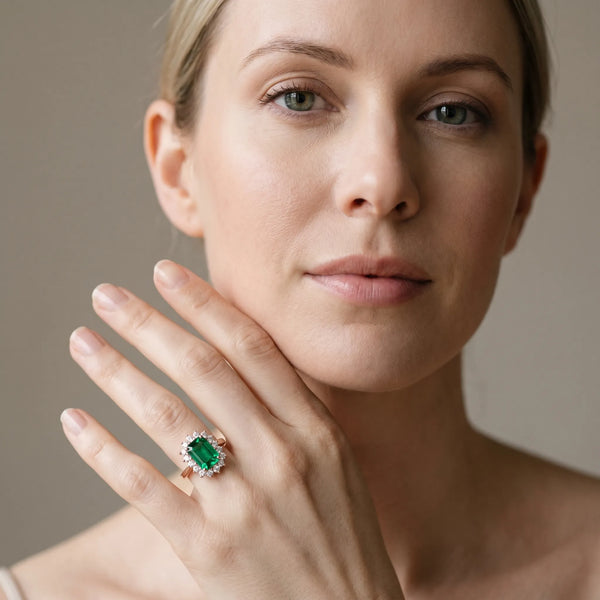 Rose gold Prong-Set Pear-Cut Emerald with Diamond Halo and White Gold Band
