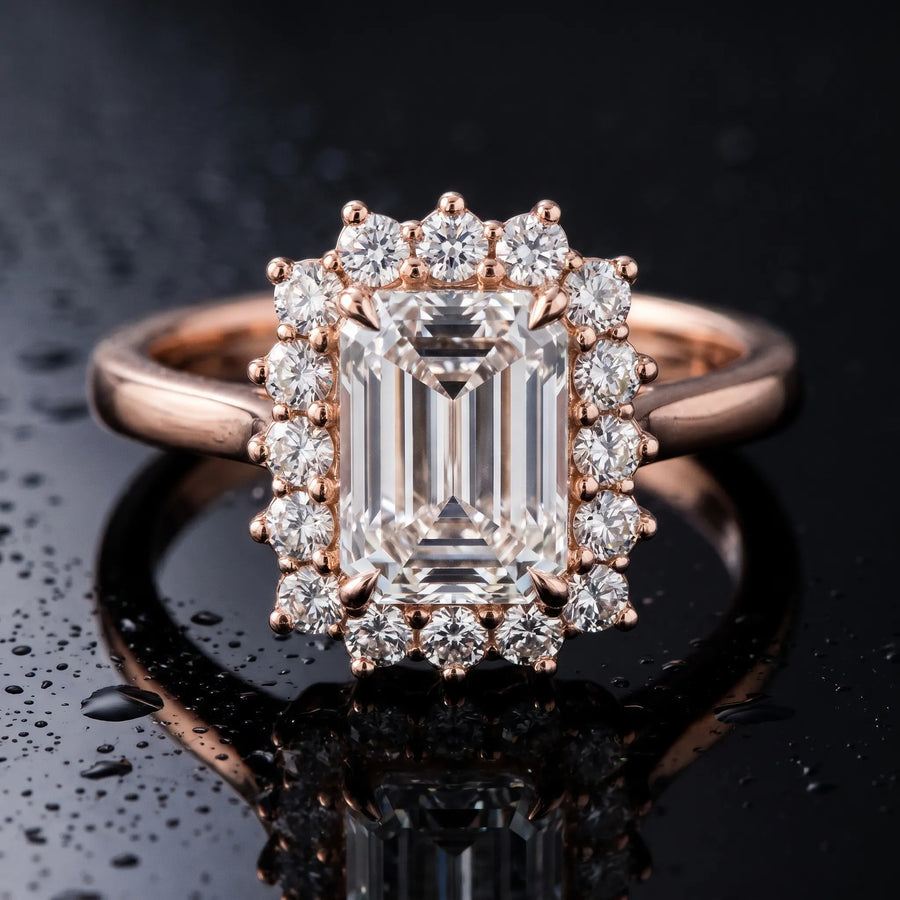 Rose gold Prong-Set Pear-Cut Emerald with Diamond Halo and White Gold Band