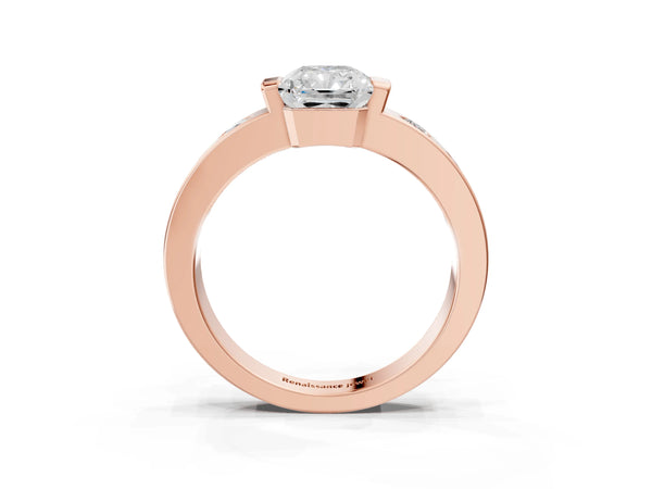 Rose Gold Radiant Cut Tension Style Engagement Ring Setting with Wide Flush Set Accent Band