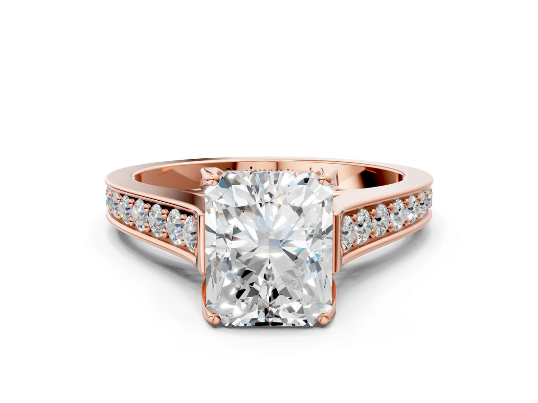 Rose gold Radiant Brilliant Cut Diamond Engagement Ring with Pavé Band and Four-Prong Setting_58