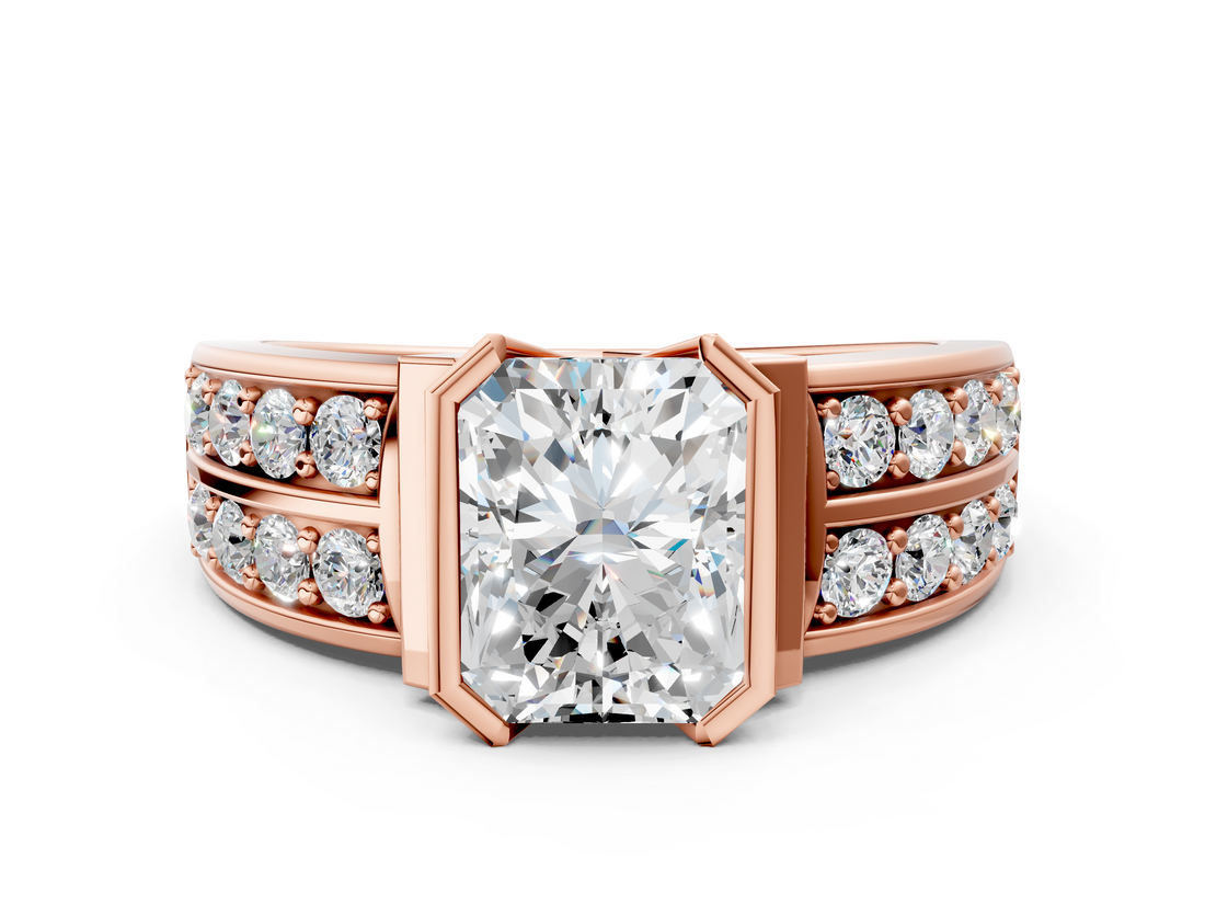 Rose gold Radiant Brilliant Diamond Channel Set Wide Band Ring with Bezel Setting_20