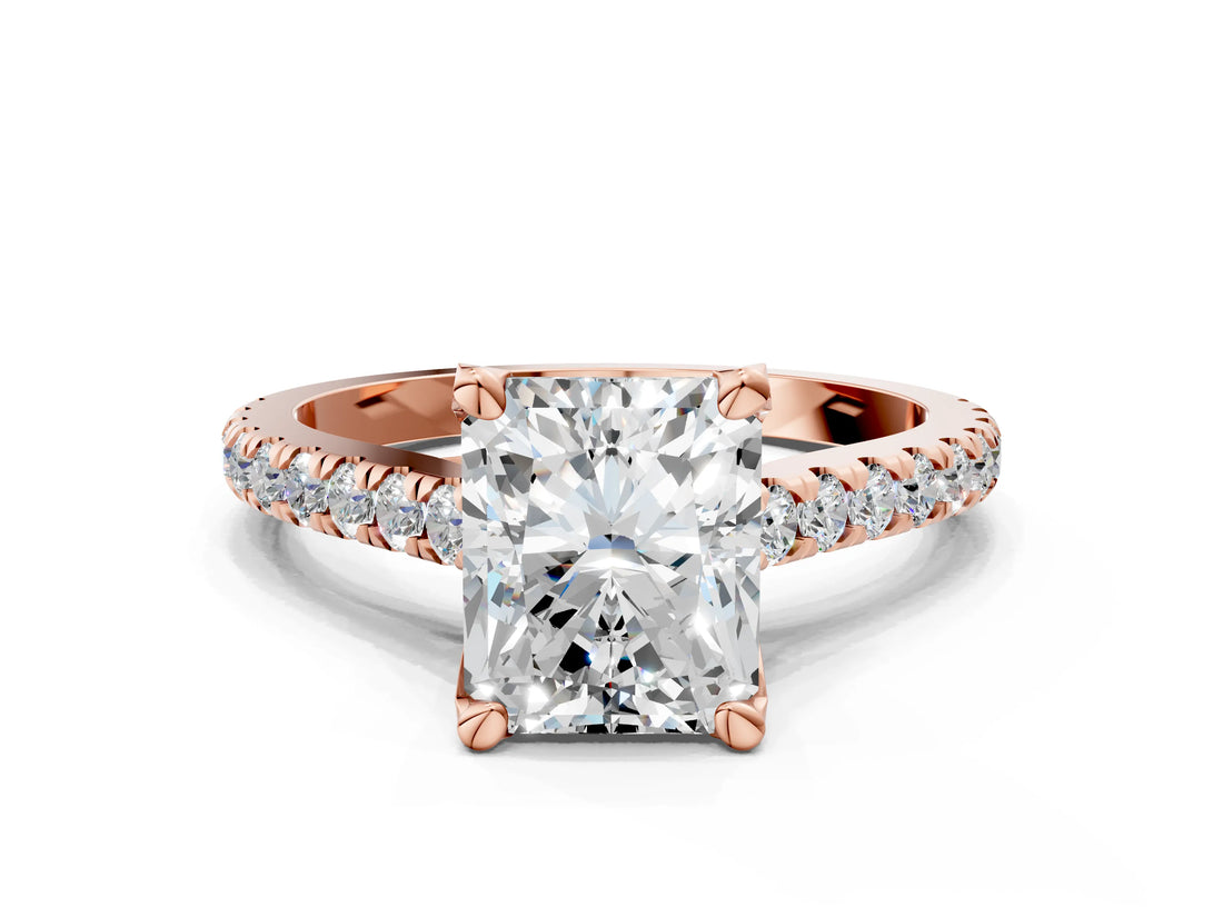 Rose gold Radiant Brilliant Diamond Solitaire with Pavé Band and Four-Prong Setting