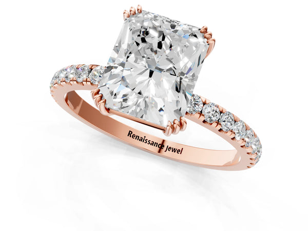 Rose gold Radiant Brilliant Solitaire with Pavé Band and Claw Prong Setting
