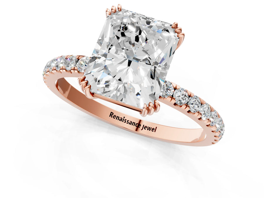 Rose gold Radiant Brilliant Solitaire with Pavé Band and Claw Prong Setting