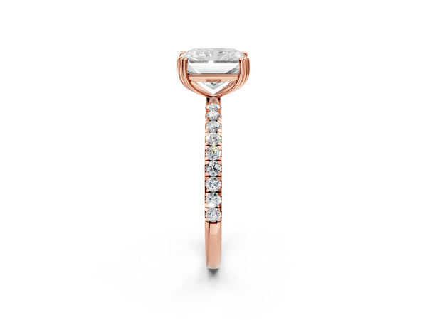 Rose gold Radiant Brilliant Solitaire with Pavé Band and Claw Prong Setting